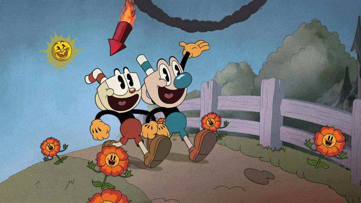 Cuphead et Mugman marchent le long d'un chemin ensoleillé