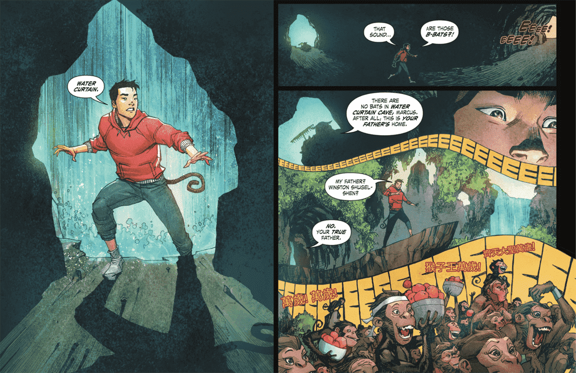 Sans chaussures et avec une queue de singe sortant de son jean, Marcus Shen explore le royaume mystique du prince singe dans Monkey Prince # 1 (2022).  La mise en page est inversée horizontalement et les couleurs sont atténuées, presque à l'aquarelle. 