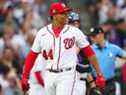 Juan Soto, voltigeur droit des Washington Nationals, réagit lors du Derby du Home Run 2021 de la MLB. 