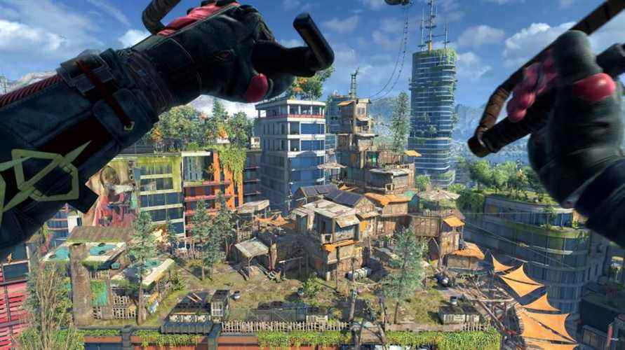 Aiden de Dying Light 2 plane au-dessus du paysage urbain