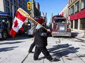 Les gens portent des pagaies de canoë avec des drapeaux canadiens, alors que les camionneurs et les partisans continuent de manifester à Ottawa, lundi.