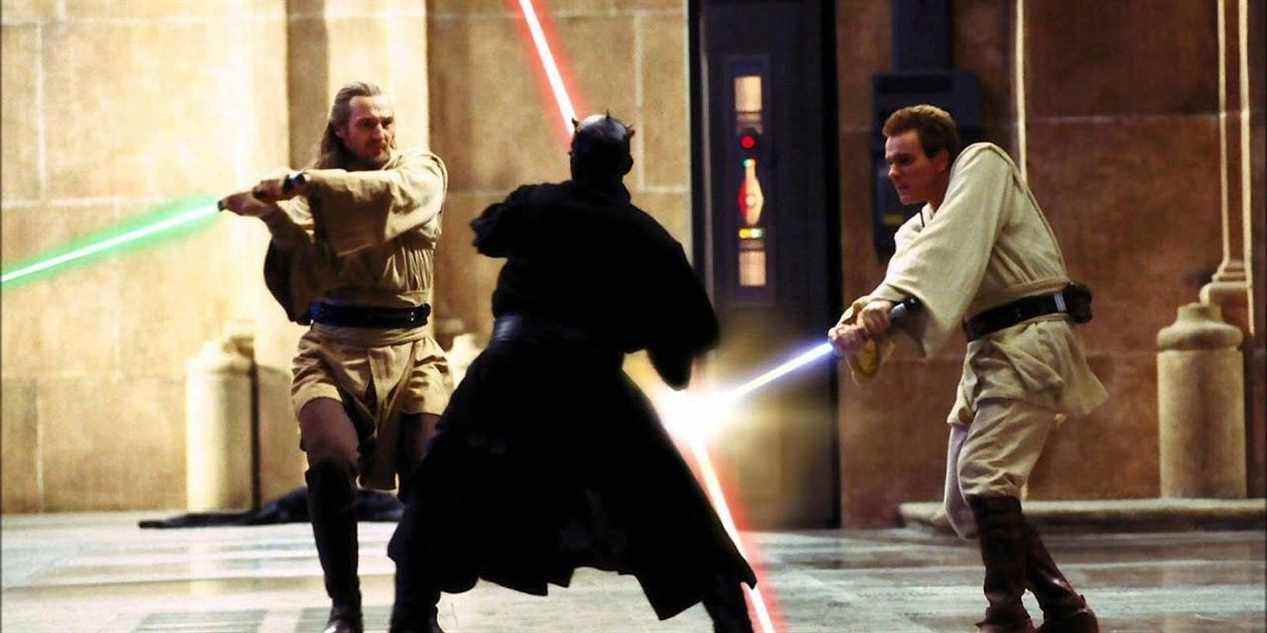 Qui-gon, Obi-wan, and Maul in Star Wars: The Phantom Menace