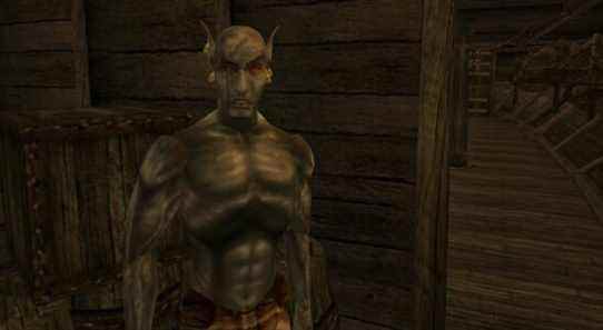 Morrowind Jiub standing at the back of the boat topless, one eye scarred and the other red