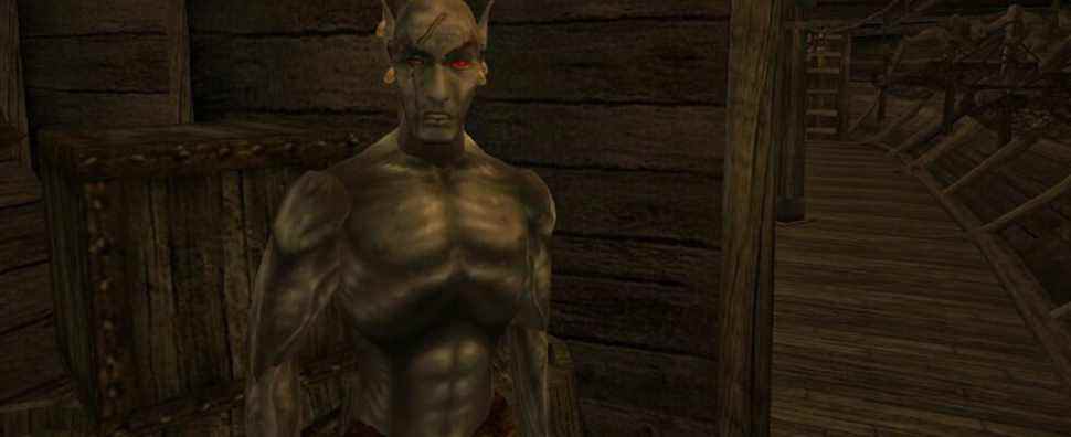 Morrowind Jiub standing at the back of the boat topless, one eye scarred and the other red