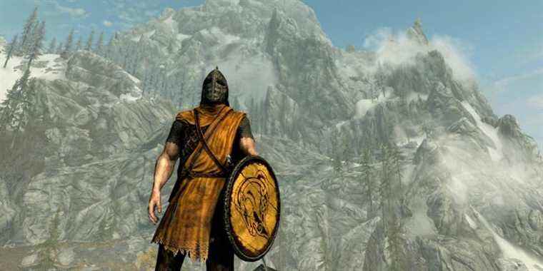 Image from Skyrim showing a guard in the foreground with the Throat of the World mountain in the background.