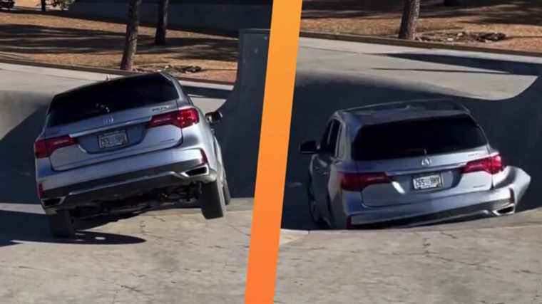 Un homme laisse tomber son Acura MDX dans un skatepark du Colorado