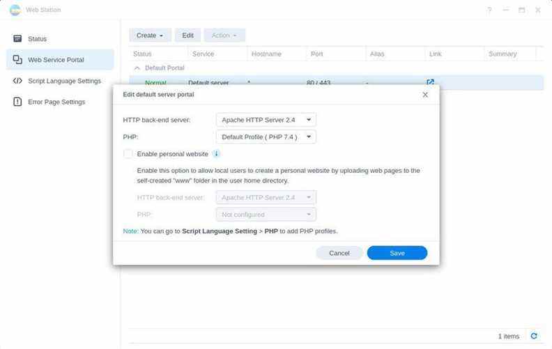 Paramètres de service de la station Web Synology DSM 7