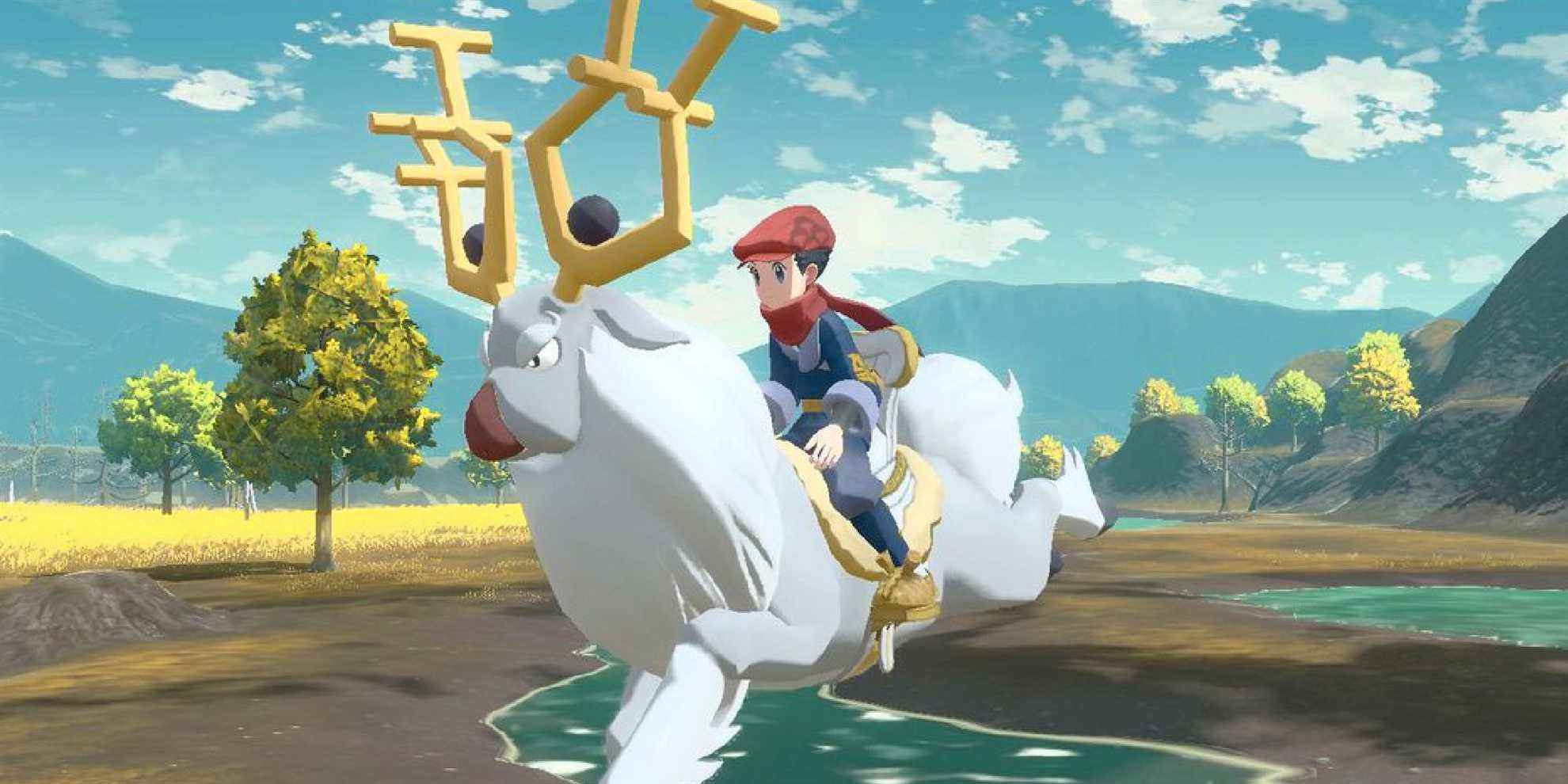 Un joueur chevauchant un Wyrdeer dans Pokemon Legends Arceus