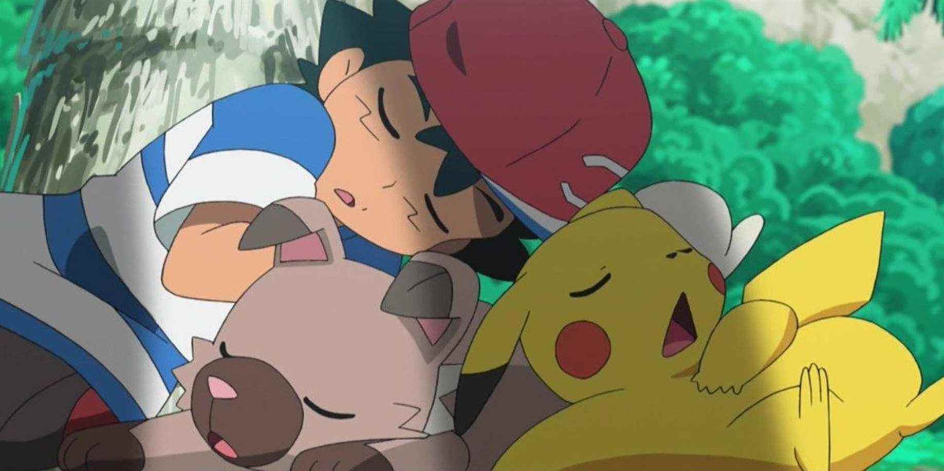 Pokemon Ash Rockruff Pikachu qui dort