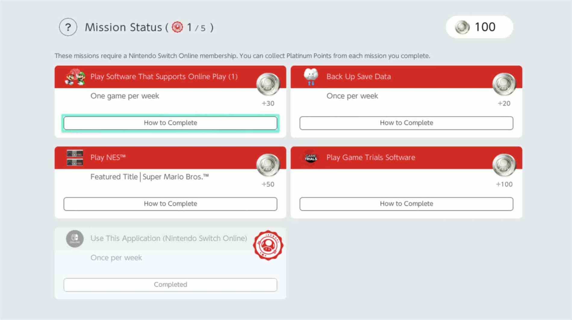 Éléments d'images de profil expliqués sur les missions et récompenses en ligne de Nintendo Switch Points platine