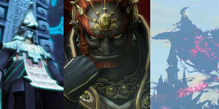 Zant sitting on his throne in Twilight Princess; Ganondorf sitting on his throne in Twilight Princess; Calamity Ganon surrounding Hyrule Castle in BOTW