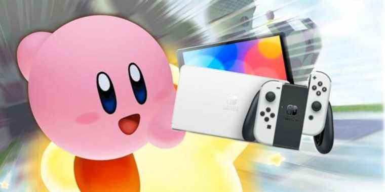 A Nintendo Switch OLED in front of Kirby from Kirby Air Ride zooming by on a Warp Star