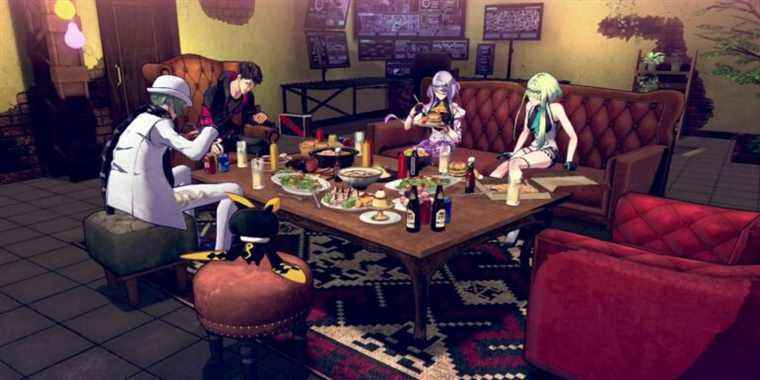 Ringo, Figue, Arrow, and Psyzo eating together in Devil Summoner: Soul Hackers 2