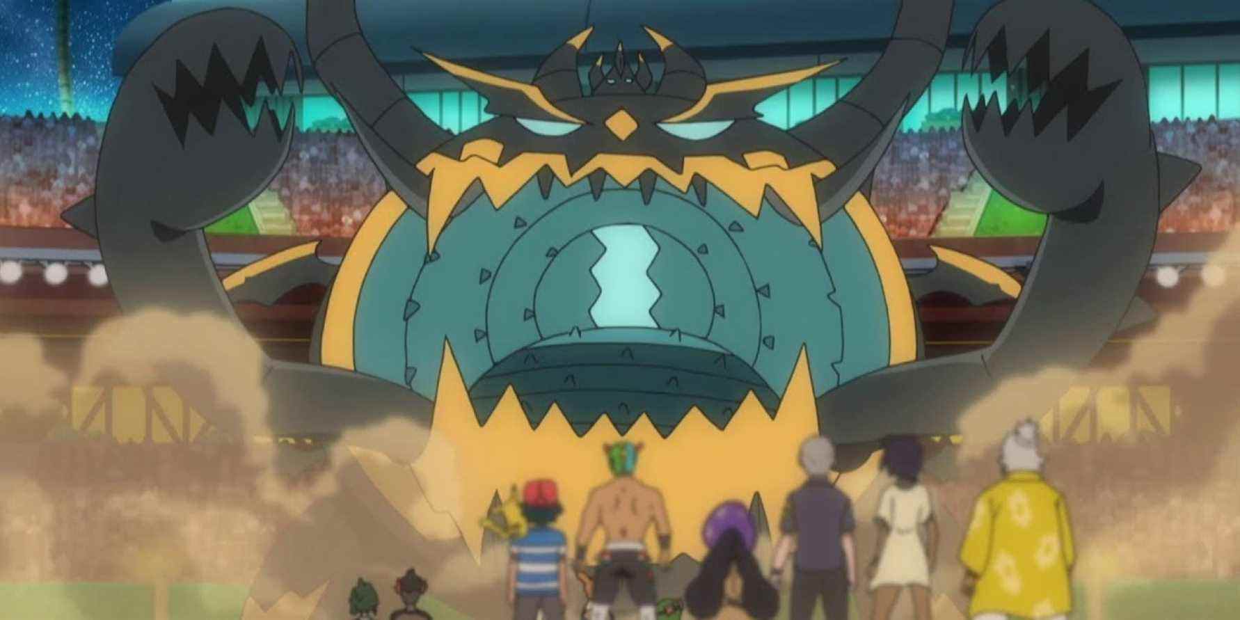 Guzzlord looming over several protagonists in the Pokemon anime