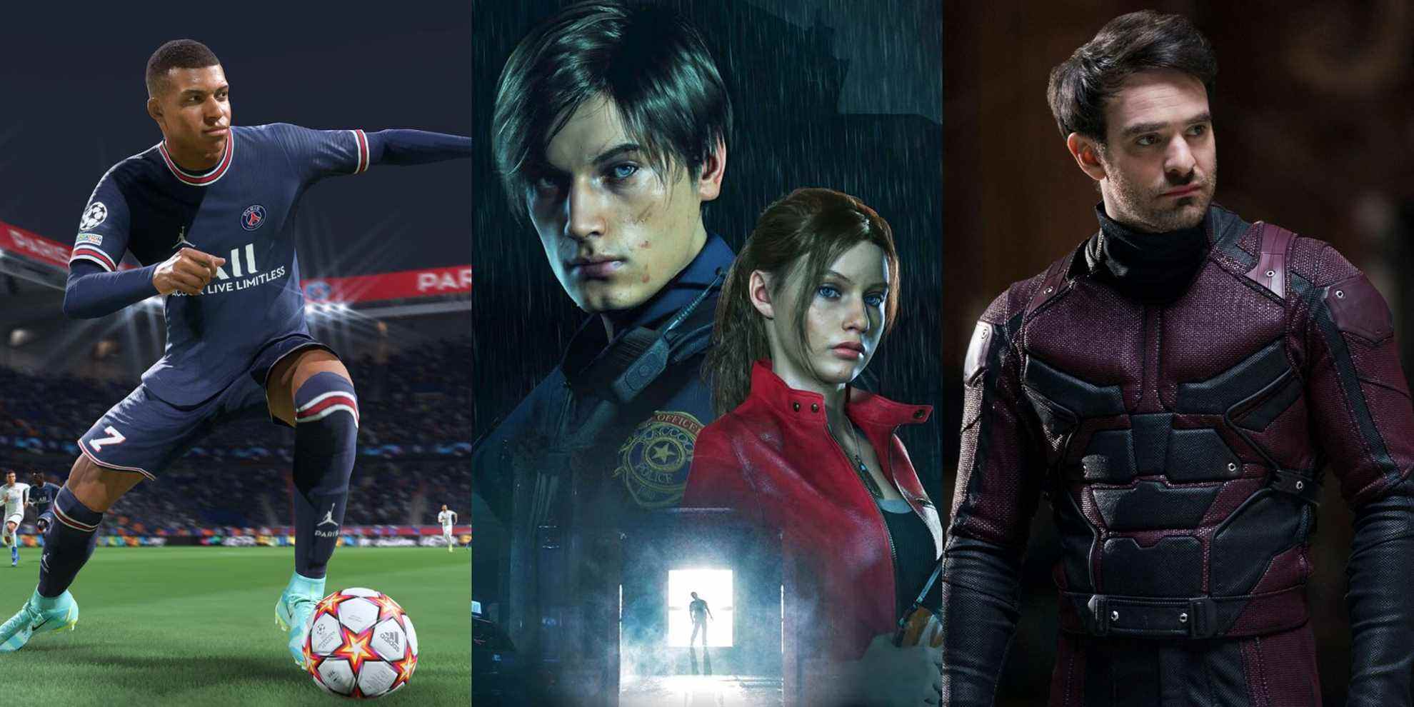 Kylian Mbappe, Leon and Claire from Resident Evil 2, and Daredevil