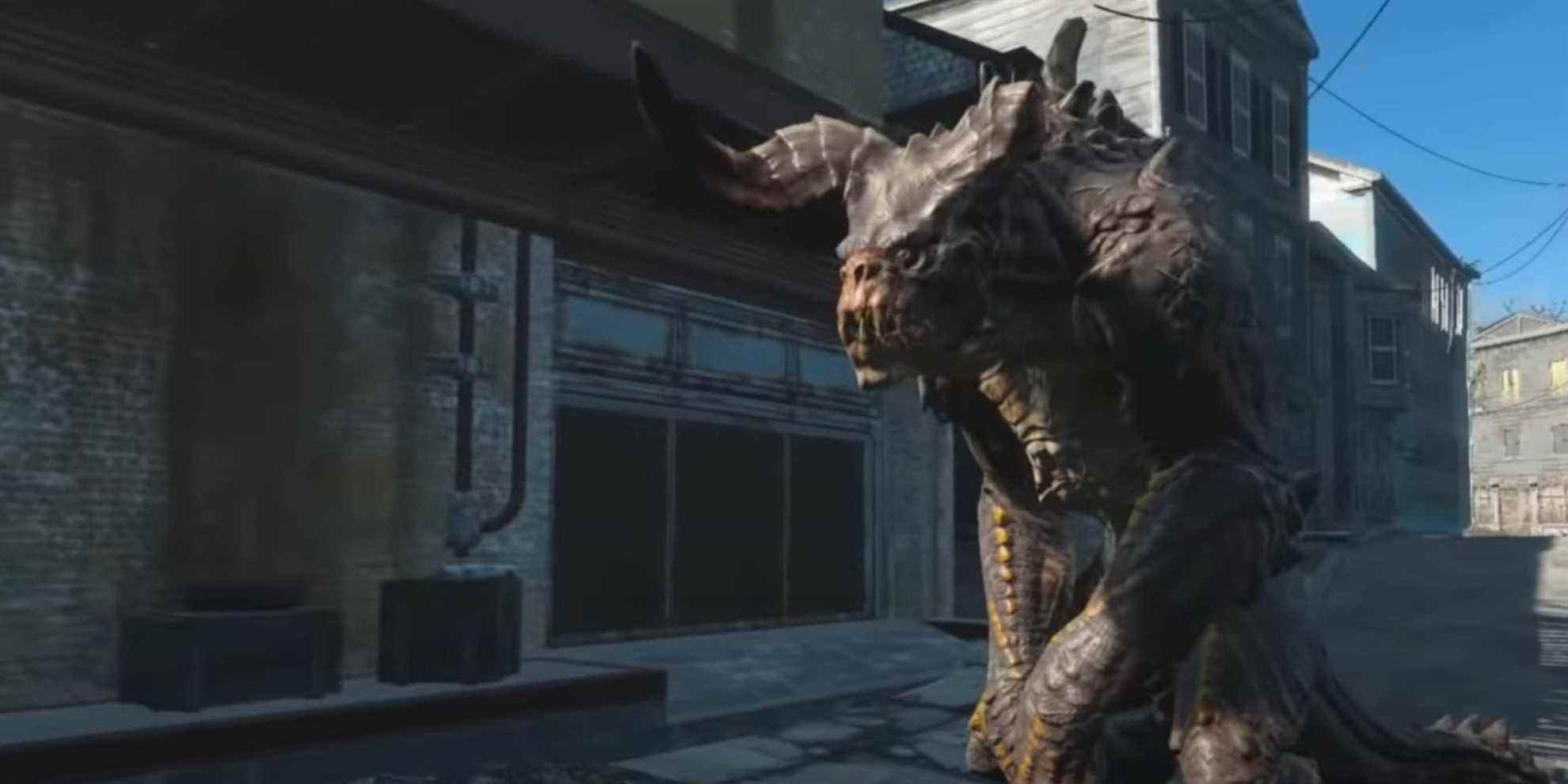 Fallout 4 Deathclaw entouré de bâtiments