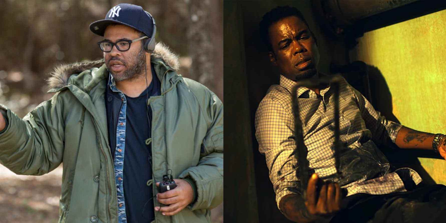 Split image of Jordan Peele directing Get Out and Chris Rock in Spiral