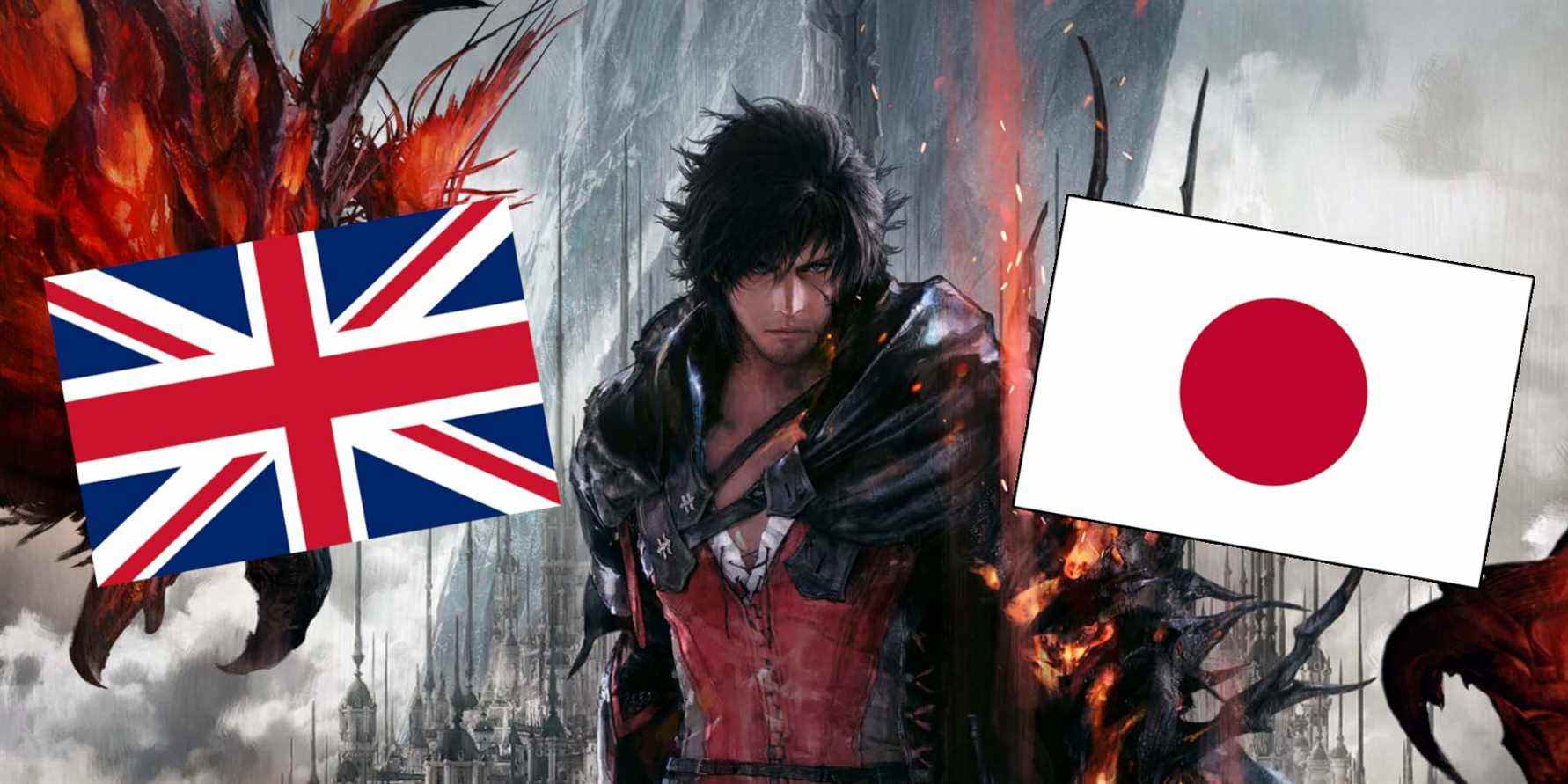 The U.K.'s flag and Japanese flag appear in front of Clive Rosfield from Final Fantasy 16