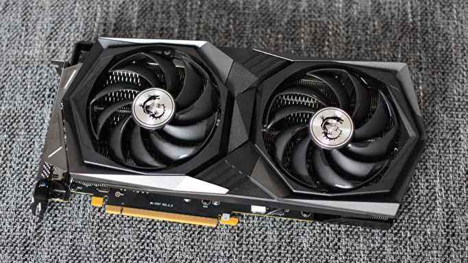 La carte graphique MSI GeForce RTX 3060 Gaming X Trio, avec les ventilateurs de refroidissement orientés vers le haut.