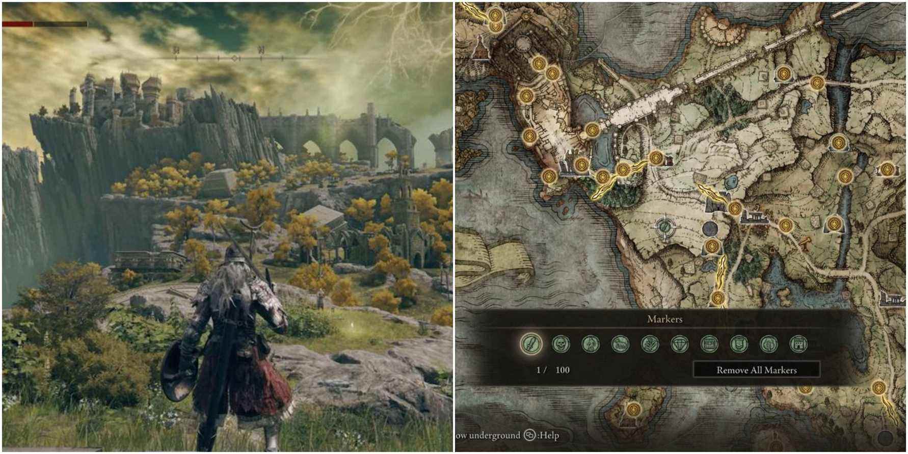 (Left) Player looking over the open-world (Right) Map and markers