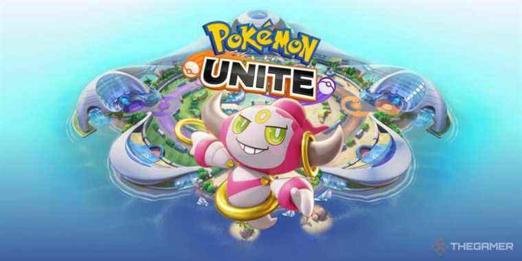 Hoopa from Pokemon Unite in front of an image of the island and game logo