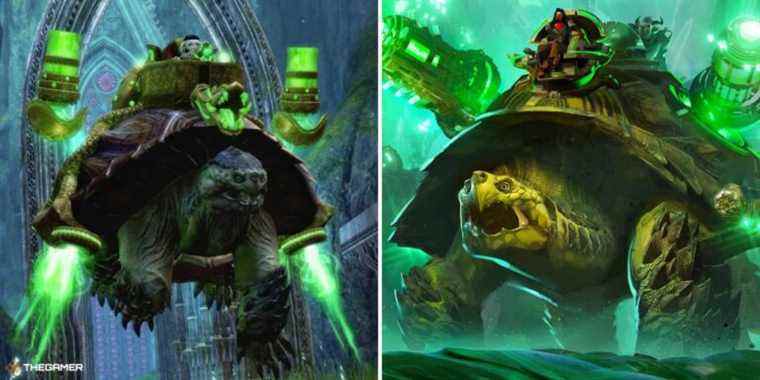 Guild wars 2 end of dragons - Siege Turtle being used in-game on left, concept art on right