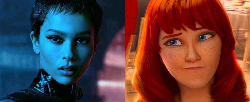 Left: Kravitz in The Batman; right: Mary Jane in Into The Spiderverse