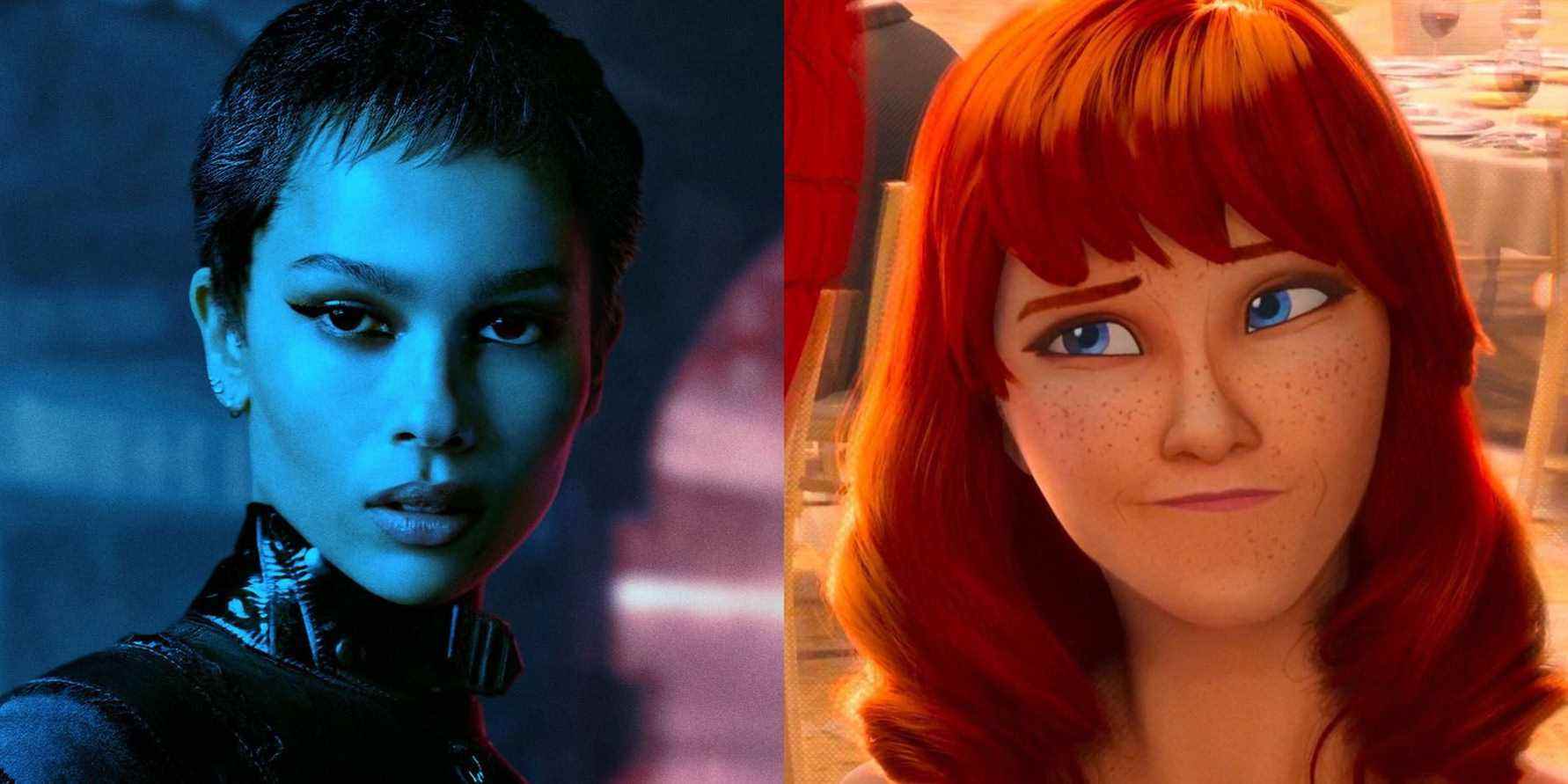 Left: Kravitz in The Batman; right: Mary Jane in Into The Spiderverse