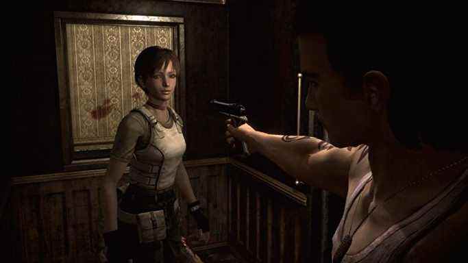 Billy Coen pointe une arme sur Rebecca Chambers dans Resident Evil 0