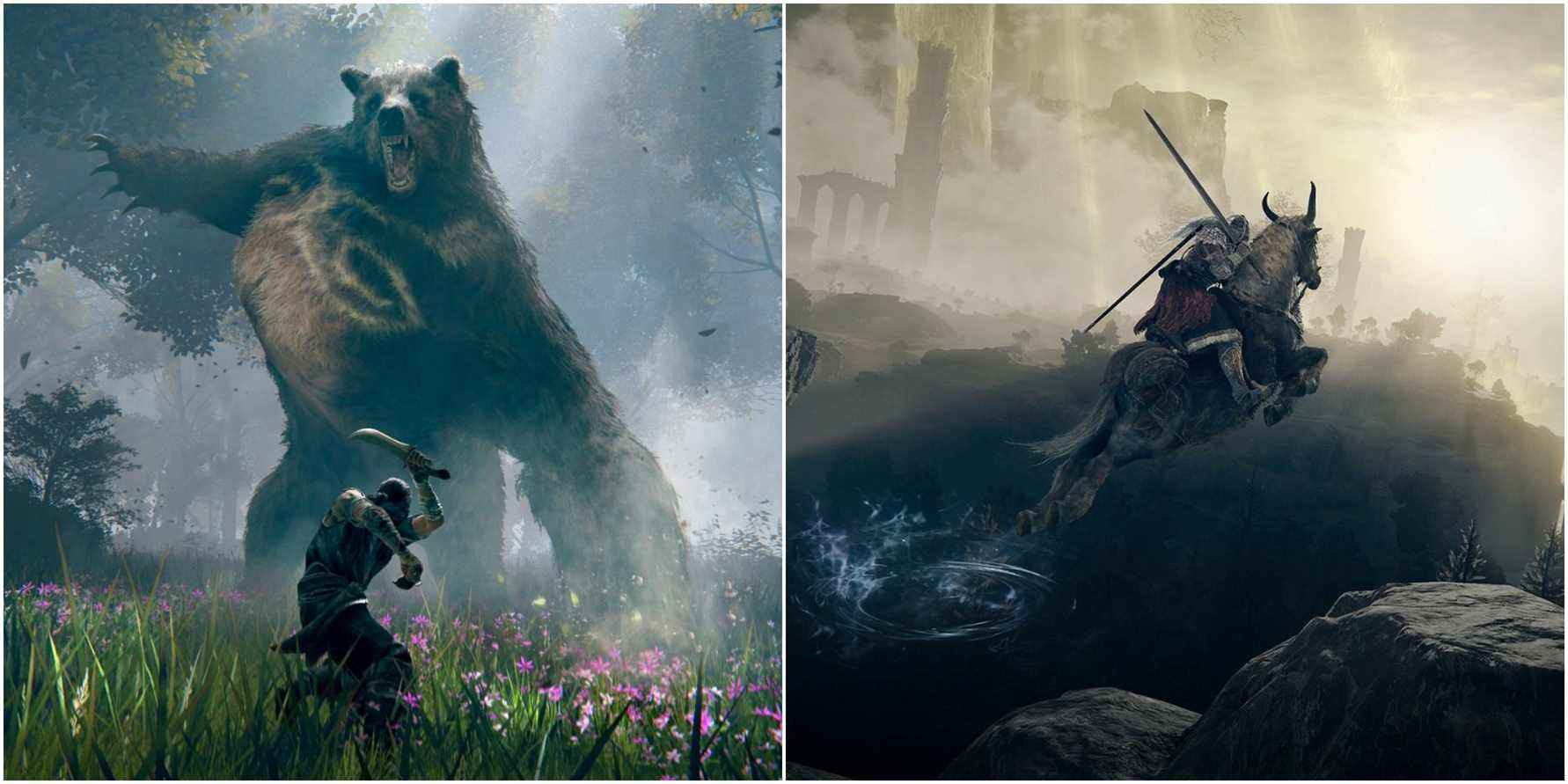 Elden Ring (Left) Player fighting a bear (Right) Horse jumping in the air