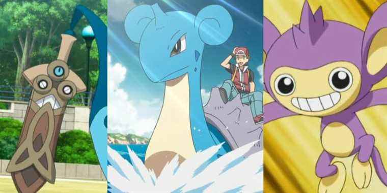 A sheathed Honedge in the anime; Red riding Lapras in the anime; an Aipom in battle in the anime