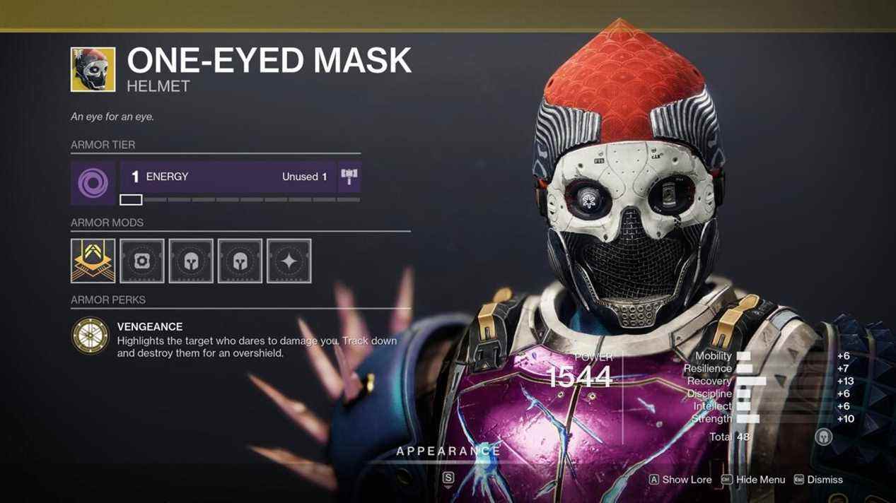 Tuer les personnes qui vous blessent vous rapporte un surbouclier avec One-Eyed Mask, ce qui en fait un très bon exotique PvP par défaut.