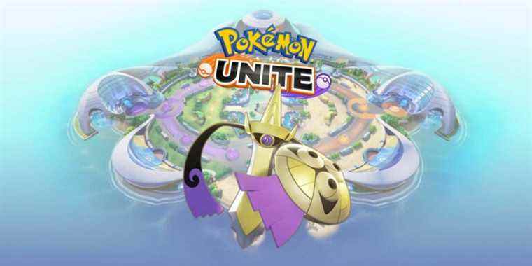 Aegislash from Pokemon Unite in front of an image of the island and game logo