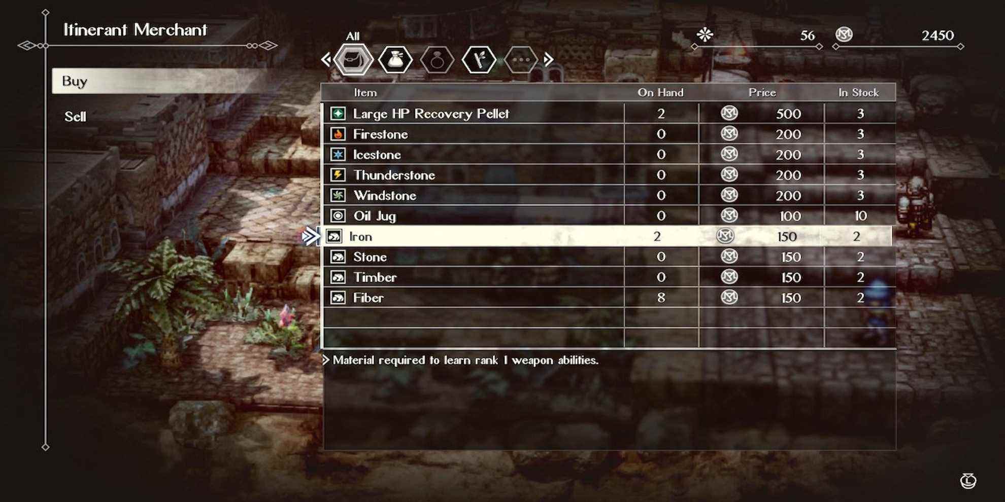 Le menu de la boutique de Triangle Strategy