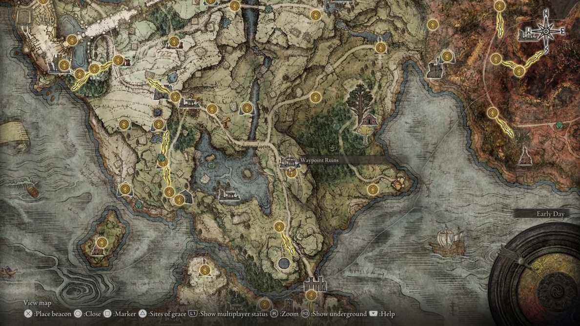 Une carte Elden Ring montrant l'emplacement de Sellen, un vendeur de magie, dans Waypoint Ruins