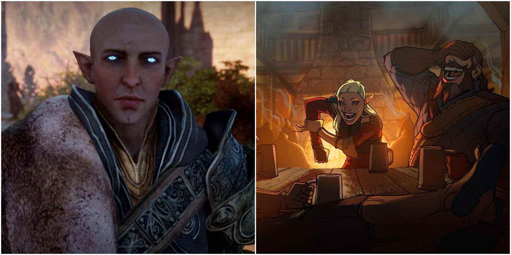 Split image of Solas, Blackwall, and Sera.