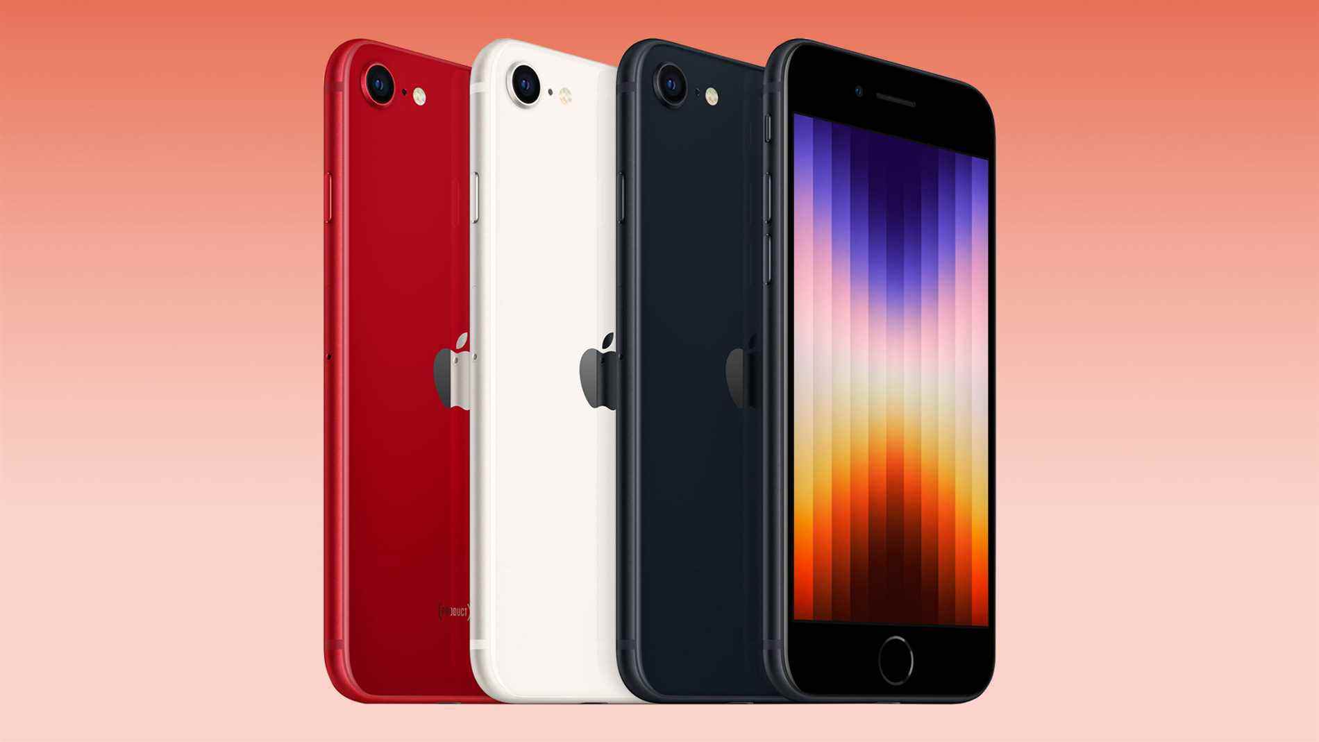 Gamme de couleurs Apple iPhone SE (2022) sur fond rouge