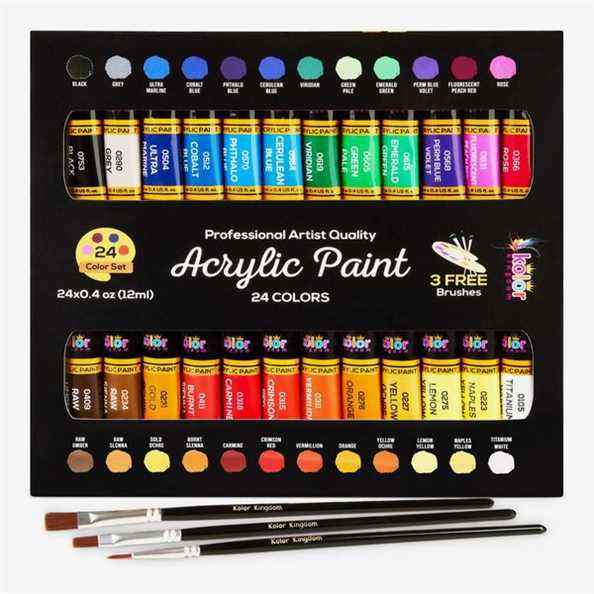 Ensemble de peintures acryliques (24 couleurs et 3 pinceaux)