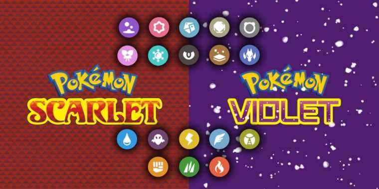 The Pokemon Scarlet and Pokemon Violet text logos with each Pokemon type's emblem.