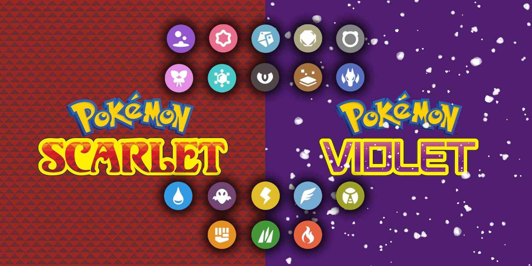 The Pokemon Scarlet and Pokemon Violet text logos with each Pokemon type's emblem.