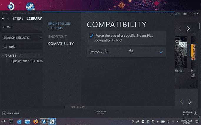 Étape 6 de l'installation du lanceur Epic Games sur le Steam Deck : Forcer le programme d'installation à utiliser Proton pour la compatibilité.