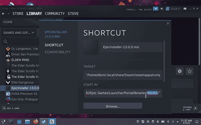 Étape 13 de l'installation du lanceur Epic Games sur le Steam Deck : fermez le lanceur, puis revenez dans ses propriétés et remplacez les deux instances de 