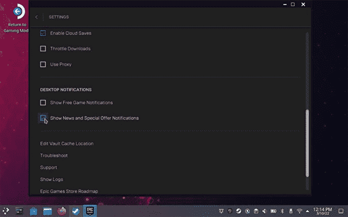 Étape 17 de l'installation du lanceur Epic Games sur le Steam Deck : pour éviter les problèmes de notifications contextuelles, lancez le lanceur Epic Games, accédez à son propre menu de paramètres et décochez les deux notifications de bureau.