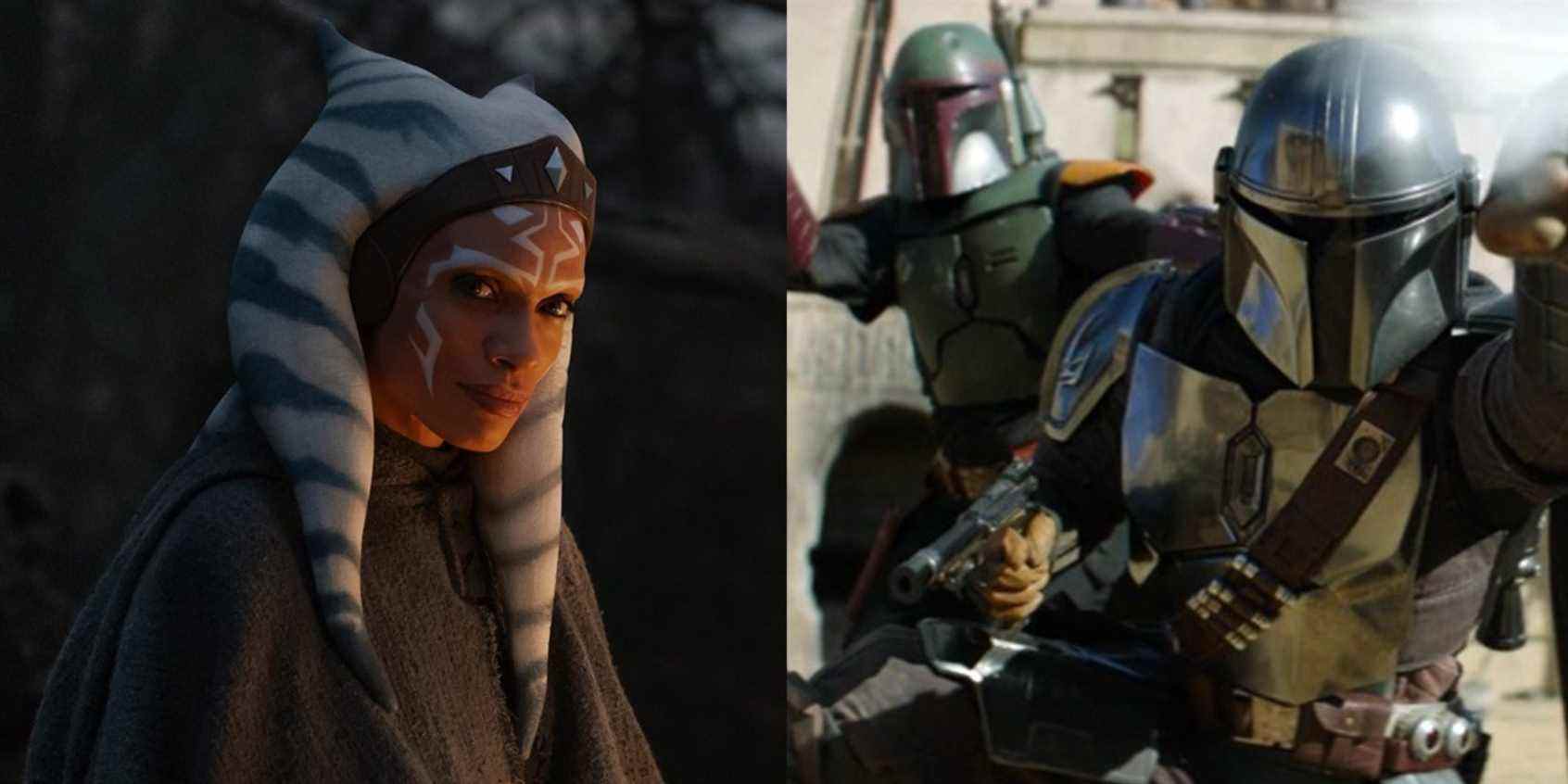 Split image of Ahsoka in The Mandalorian and Mando and Boba in The Book of Boba Fett