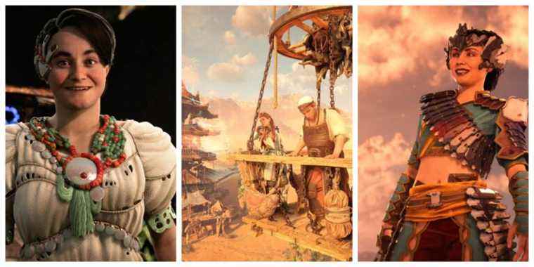 alva smiling at the camera; aloy and morlund in a wooden hot air ballon basket; talanha in full carja armor smiling with the sky behind her