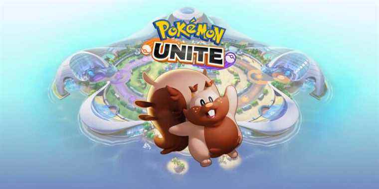 Greedent from Pokemon Unite in front of an image of the island and game logo