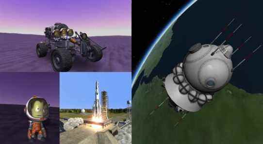 Various images of Kerbal Space Program showing a Kerbal, Land Rover, and Rocket.