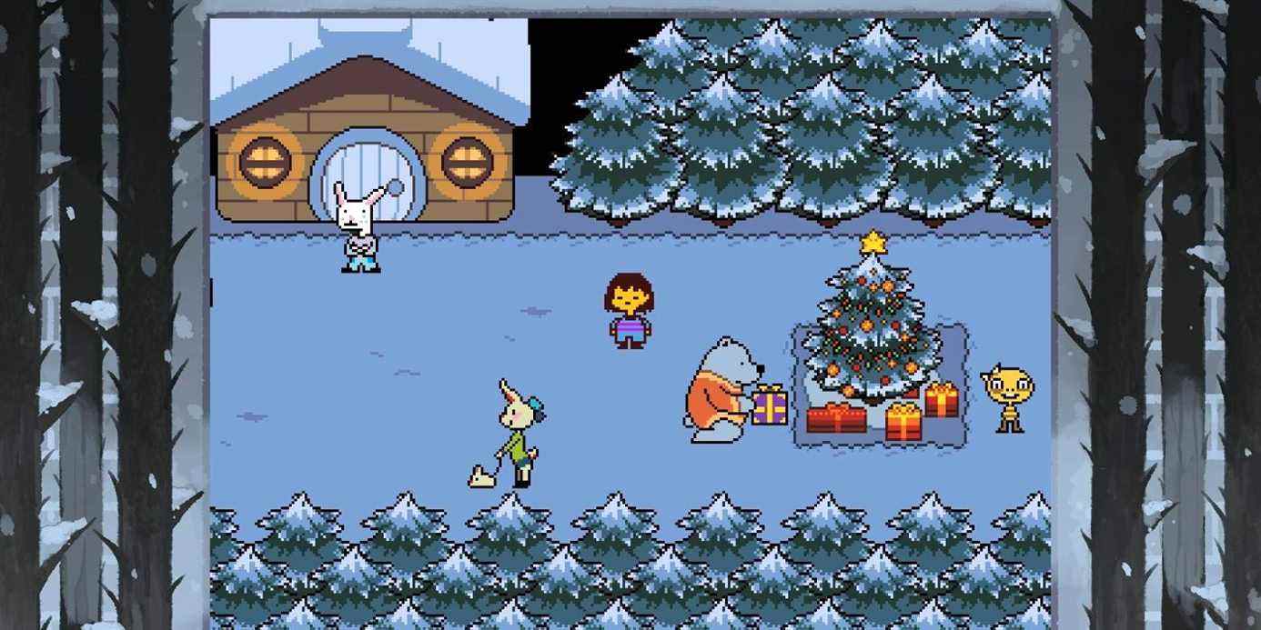 Undertale debout à côté de l'arbre de Noël