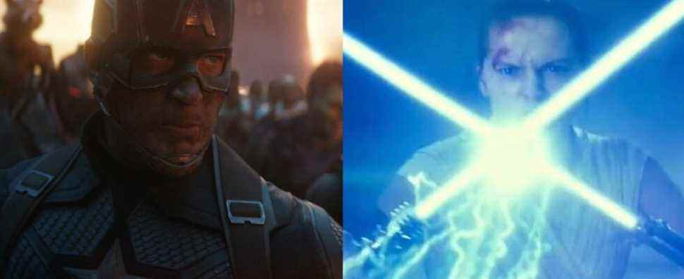 Split image of Captain America assembling the Avengers in Endgame and Rey with two lightsabers in The Rise of Skywalker