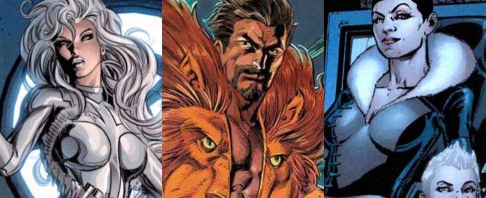 A split image depicts Silver Sable, Kraven the Hunter, and Sasha Kravinoff in Marvel Comics